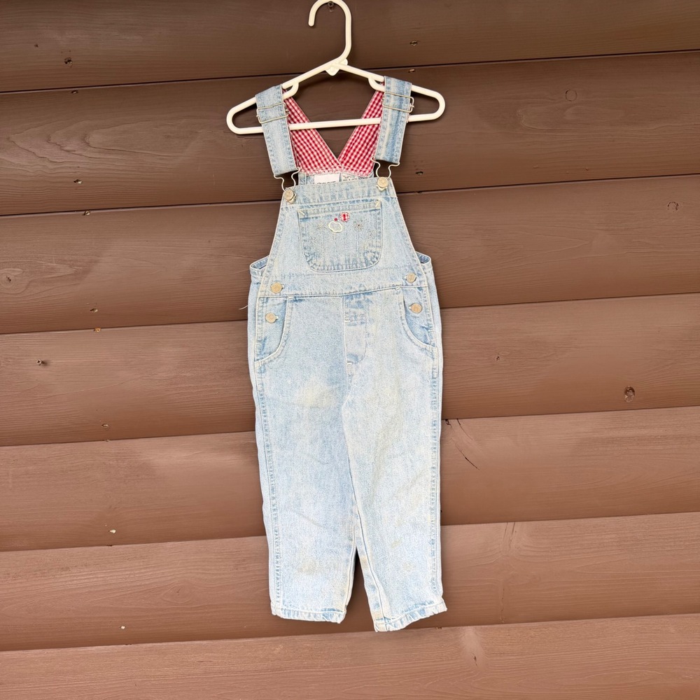 Vtg Cherokee Denim Overalls Kids‎ 3T Light Wash Gingham Lined Floral Embroidered